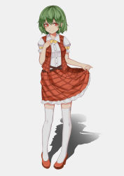 Rule 34 | 1girl, absurdres, anhao, belt, bow, bowtie, closed mouth, collared shirt, dress shirt, frilled skirt, frilled sleeves, frills, full body, green hair, hand on own chest, hand up, highres, kazami yuuka, looking at viewer, open clothes, open vest, pinky out, plaid, plaid skirt, plaid vest, puffy short sleeves, puffy sleeves, red eyes, red footwear, shadow, shirt, shoes, short sleeves, simple background, skirt, skirt hold, skirt set, smile, solo, standing, thighhighs, touhou, vest, white background, white shirt, white thighhighs, wing collar, yellow bow, yellow bowtie