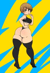 Rule 34 | 1girl, ass, blush, bra, breasts, brown eyes, brown hair, highres, huge ass, large breasts, persona, persona 4, satonaka chie, solo, sports bra, thighhighs, thong, underwear