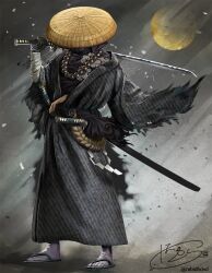 Rule 34 | 1boy, ashes, bandaged arm, bandages, bead necklace, beads, clothing request, covered face, floral print, gloves, hanekura bou, hat, highres, holding, holding sword, holding weapon, jewelry, katana, male focus, multiple swords, necklace, original, samurai, sandals, signature, single glove, solo, straw hat, sun, sword, torn clothes, twitter username, weapon