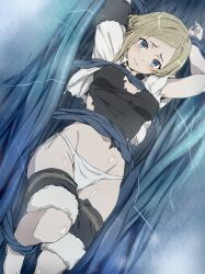 Rule 34 | 1girl, arms up, black shirt, black shorts, blonde hair, blue eyes, breasts, closed mouth, commentary request, feet out of frame, female focus, looking at viewer, medium breasts, medium hair, mushoku tensei, panties, restrained, sara (mushoku tensei), shirt, shorts, side-tie panties, solo, stationary restraints, takahan, torn clothes, torn shirt, underwear, white panties