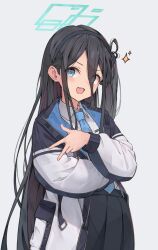 Rule 34 | 1girl, absurdly long hair, aris (blue archive), black hair, black hairband, black skirt, blue archive, blue eyes, blue necktie, blush, collared shirt, green halo, hachita (odangoya), hairband, halo, highres, jacket, long hair, looking at viewer, necktie, one side up, open clothes, open jacket, open mouth, pleated skirt, ringed eyes, shirt, simple background, skirt, smile, solo, two-sided fabric, two-sided jacket, very long hair, white background, white jacket, white shirt