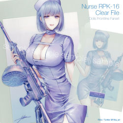Rule 34 | 1girl, alternate costume, breasts, character name, cleavage, commentary request, cowboy shot, dress, drum magazine, filha, girls&#039; frontline, gun, hat, highres, holding, large breasts, light machine gun, looking at viewer, machine gun, magazine (weapon), multiple views, nurse, nurse cap, open mouth, purple eyes, rpk, rpk-16, rpk-16 (girls&#039; frontline), sample watermark, short hair, silver hair, smile, solo, twitter username, watermark, weapon
