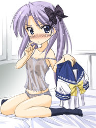 Rule 34 | 00s, 1girl, bed, blue eyes, blush, bow, breasts, camisole, unworn clothes, covered erect nipples, hair bow, hiiragi kagami, lingerie, long hair, lucky star, masakichi (crossroad), nipples, panties, purple hair, school uniform, see-through, serafuku, sitting, small breasts, socks, solo, strap slip, underwear, underwear only