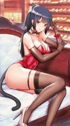 Rule 34 | 1girl, alternate costume, alternate hairstyle, black bow, black bowtie, black gloves, black hair, black thighhighs, bow, bowtie, breasts, cat tail, cocktail glass, commentary, covered navel, cup, drinking glass, elbow gloves, english commentary, fake tail, gloves, high heels, highres, holding, holding cup, isokaze (kancolle), kantai collection, kitsune udon (ai br), large breasts, leotard, long hair, ponytail, red eyes, red leotard, sitting, smile, solo, strapless, strapless leotard, tail, thighhighs, white footwear