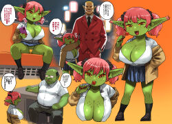 1girl 2boys bald body_freckles breasts business_suit candy cellphone cleavage colored_skin earrings fat fat_man female_goblin food formal freckles goblin green_skin gyaru highres jewelry kogal large_breasts large_ears lollipop long_pointy_ears looking_at_viewer multiple_boys nail_polish narisokonai open_mouth orc original phone pleated_skirt pointy_ears school_uniform shirt shortstack skirt smartphone suit thong translation_request twintails underwear white_shirt