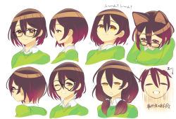 Rule 34 | 1girl, animal ear fluff, brown hair, collared shirt, expressions, from behind, from side, glasses, green sweater, hair behind ear, half-closed eyes, head tilt, hippo (hippo999), hololive, jitome, kemonomimi mode, looking ahead, looking at viewer, medium hair, multiple views, roboco-san, roboco-san (spring sweater), shirt, short hair, smile, sweater, translation request, twintails, upper body, virtual youtuber, white background