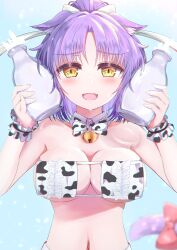 Rule 34 | 1girl, :d, alternate costume, animal ears, animal print, bare shoulders, bell, bikini, blue background, blurry, blush, bottle, bow, breasts, cat ears, cat tail, choker, cinnamon (nekopara), cleavage, commentary request, commission, cow print, cow print bikini, depth of field, eyepatch bikini, food, food on face, frilled bikini, frills, hair ribbon, hands up, highres, holding, holding bottle, huziiro matutya, jingle bell, large breasts, light particles, looking at viewer, milk, milk bottle, navel, neck bell, nekopara, open mouth, parted bangs, partial commentary, ponytail, print bikini, purple hair, red bow, ribbon, sexually suggestive, simple background, skeb commission, smile, solo, straight-on, swimsuit, tail, tail bow, tail ornament, tsurime, upper body, white choker, white ribbon, yellow eyes