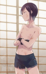 Rule 34 | 10s, 1boy, bad id, black gloves, black hair, bruise, collarbone, cowboy shot, crossed arms, cuts, gloves, injury, locon, looking to the side, male focus, navel, nipples, profile, short hair, short shorts, shorts, shouji, sliding doors, solo, topless male, torn clothes, touken ranbu, yagen toushirou
