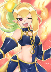 Rule 34 | 1girl, ahoge, black dress, black gloves, blonde hair, breasts, commentary, dress, duel monster, fangs, fire, fire, gloves, green hair, highres, looking at viewer, medium breasts, midriff, multicolored hair, navel, one eye closed, pointy ears, purple eyes, ruga (vagryu), sevens road witch, side ponytail, two-tone hair, yu-gi-oh!, yu-gi-oh! sevens
