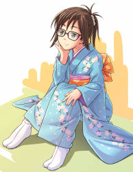 Rule 34 | 1girl, e20, full body, glasses, head rest, houzumi satsuki, japanese clothes, kimono, original, sitting, solo, tabi