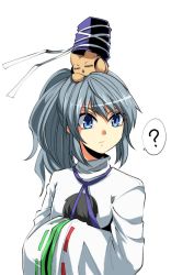 Rule 34 | 1girl, ?, animalization, bird, blue eyes, grey hair, hands in opposite sleeves, hat, japanese clothes, kakao (noise-111), kariginu, long sleeves, looking away, mononobe no futo, pom pom (clothes), ponytail, ribbon-trimmed sleeves, ribbon trim, solo, spoken question mark, tate eboshi, touhou, toyosatomimi no miko, upper body, white background, wide sleeves