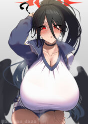Rule 34 | 1girl, black hair, black wings, blue archive, blush, bokuno, breasts, choker, cleavage, collarbone, gym uniform, halo, hand on own thigh, hasumi (blue archive), hasumi (track) (blue archive), highres, huge breasts, jacket, leaning forward, long hair, looking at viewer, official alternate costume, open clothes, open jacket, open mouth, ponytail, red eyes, simple background, solo, track jacket, very long hair, white background, wings
