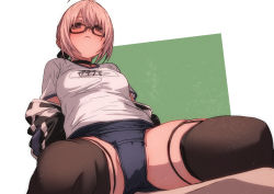Rule 34 | 1girl, ahoge, artoria pendragon (fate), breasts, brown thighhighs, closed mouth, crotch seam, fate/grand order, fate (series), from below, fu-ta, glasses, jacket, looking at viewer, medium breasts, mysterious heroine x alter (fate), mysterious heroine x alter (second ascension) (fate), ribbon, school swimsuit, short hair, sitting, swimsuit, thighhighs