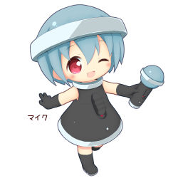 Rule 34 | 1girl, ;d, aikei ake, bare shoulders, black dress, black footwear, black gloves, blush, boots, chibi, dress, full body, gloves, grey hair, hair between eyes, highres, holding, holding microphone, microphone, one eye closed, open mouth, original, personification, red eyes, simple background, sleeveless, sleeveless dress, smile, solo, standing, standing on one leg, translation request, white background