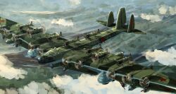 Rule 34 | above clouds, absurdres, aircraft, airplane, alternate universe, bomber, camouflage, cloud, flying, fusion, highres, i-16, military, military vehicle, no humans, original, pe-8, propeller, red star, soviet, soviet army, star (symbol), turret, vehicle focus, what, world war ii