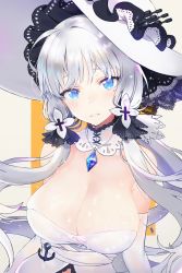 Rule 34 | 1girl, anchor symbol, azur lane, bare shoulders, breasts, cleavage, detached collar, dress, elbow gloves, frilled hat, frills, gloves, hat, highres, illustrious (azur lane), jewelry, large breasts, looking at viewer, mole, mole under eye, naisho na zuku doori, off-shoulder dress, off shoulder, pendant, sidelocks, smile, solo, sun hat, turret, upper body, wet, wet clothes