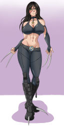 Rule 34 | 1girl, abs, bare shoulders, belt, black hair, black neckwear, black pants, boots, breasts, choker, claws, cleavage, crop top, elbow gloves, fingerless gloves, gloves, green eyes, highres, karuro-kun, large breasts, laura kinney, legs, long hair, looking at viewer, marvel, midriff, muscular, muscular female, pants, sleeveless, smile, solo, standing, stomach, weapon, x-23, x-men