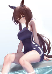 Rule 34 | 1girl, absurdres, admire vega (umamusume), animal ears, armpit crease, breasts, brown hair, commentary, competition school swimsuit, ear covers, feet out of frame, hanba agu, highres, horse ears, horse girl, horse tail, large breasts, legs, long hair, looking at viewer, low ponytail, purple eyes, school swimsuit, simple background, single ear cover, sitting, soaking feet, solo, swimsuit, tail, tracen swimsuit, umamusume, water, white background