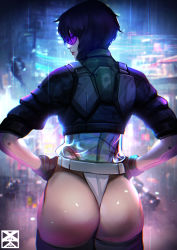 Rule 34 | 1girl, absurdres, ass, ass focus, city, cyborg, fingerless gloves, from behind, ghost in the shell, gloves, hands on own hips, highres, huge ass, jacket, kusanagi motoko, leotard, looking at viewer, looking back, purple eyes, purple hair, rain, shiny skin, short hair, solo, thighhighs, thong, thong leotard, visor, xuuikie ashe