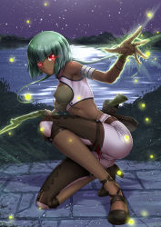 Rule 34 | 1girl, adsouto, armlet, belt, bracelet, breasts, cameltoe, cleavage, commentary, criss-cross halter, crop top, dark-skinned female, dark skin, emerald sustrai, english commentary, fireflies, framed breasts, glowing, glowing eyes, green hair, gun, halterneck, handgun, high heels, highres, holding, holding gun, holding weapon, jewelry, lake, looking at viewer, medium breasts, midriff, night, open mouth, pants, red eyes, rwby, shirt, short hair with long locks, sky, solo, squatting, star (sky), starry sky, taut clothes, taut shirt, thighhighs, tight clothes, tight pants, water, watermark, weapon