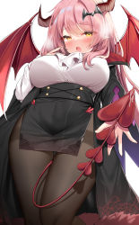Rule 34 | 1girl, :o, absurdres, black coat, black skirt, blush, breasts, breath, coat, commission, covered erect nipples, covered navel, demon horns, demon tail, demon wings, fang, grey pantyhose, hair ornament, hand up, hecha (01964237), highres, horns, large breasts, long hair, long sleeves, looking at viewer, off shoulder, open clothes, open coat, open mouth, original, pantyhose, pelvic curtain, pink hair, pixiv commission, pointy ears, saliva, saliva trail, shirt, skirt, solo, tail, thigh gap, very long hair, white shirt, wings, yellow eyes