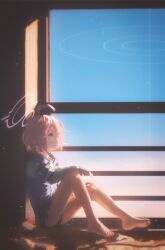 Rule 34 | 1girl, ahoge, barefoot, blue archive, blue sky, full body, halo, highres, hoshino (blue archive), hoshino (young) (blue archive), jacket, looking to the side, pink hair, short hair, sitting, skirt, sky, solo, sunlight, x158239, yellow eyes