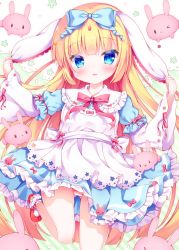 Rule 34 | &gt; o, 1girl, :3, animal, animal ears, apron, blonde hair, blue bow, blue dress, blue eyes, blush, bow, cameltoe, closed mouth, collared dress, commentary request, diagonal stripes, dress, fuxiyu, gluteal fold, hair bow, hand on own ear, highres, layered sleeves, long hair, long sleeves, one eye closed, original, panties, parted lips, pink bow, puffy short sleeves, puffy sleeves, rabbit, rabbit ears, red footwear, shoes, short over long sleeves, short sleeves, socks, solo, standing, standing on one leg, striped background, striped clothes, striped panties, underwear, very long hair, white apron, white socks, wide sleeves