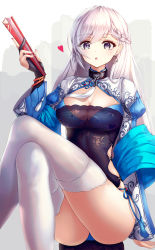 Rule 34 | 1girl, :o, alternate costume, arm support, azur lane, belfast (azur lane), belfast (iridescent rosa) (azur lane), belfast (iridescent rosa) (azur lane), blue eyes, blue panties, blush, braid, breasts, chain, china dress, chinese clothes, cleavage, cleavage cutout, clothing cutout, collar, crossed legs, dress, earrings, folded fan, folding fan, hand fan, heart, heart earrings, highres, holding, holding fan, jewelry, large breasts, long hair, looking at viewer, open mouth, panties, paya (aejx2345), shawl, side-tie panties, silver hair, sitting, solo, thighhighs, underwear, white thighhighs