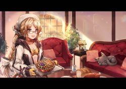 Rule 34 | 1girl, black-framed eyewear, black cat, blonde hair, bow, braid, braided ponytail, bread, breasts, brown gloves, cat, chicken (food), cleavage, couch, flower, food, glasses, gloves, highres, holding, holding tray, indoors, jumpsuit, kauedaiprai, letterboxed, long hair, long sleeves, looking at viewer, low-tied long hair, mechanic (ragnarok online), official alternate costume, official art, official wallpaper, open jumpsuit, open mouth, pie, pillow, plant, plate, ragnarok online, smile, sparkle, tray, upper body, water, white bow, white flower, white jumpsuit, window, yellow eyes