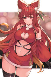 Rule 34 | 1girl, animal ears, anthuria, bad id, bad pixiv id, bare shoulders, bell, black gloves, black thighhighs, blush, braid, breasts, cleavage, clothing cutout, collarbone, detached sleeves, erune, fur trim, gloves, granblue fantasy, hair bell, hair between eyes, hair ornament, hat, heart cutout, highres, koretsuki azuma, large breasts, leaf hair ornament, long hair, looking at viewer, midriff, navel, pom pom (clothes), red eyes, red hair, red skirt, revision, santa hat, single glove, skirt, solo, thighhighs, zettai ryouiki