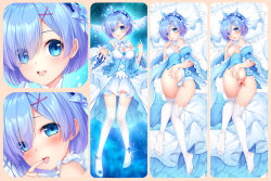 Rule 34 | 1girl, :d, ankle flower, ankle ribbon, ass, bed sheet, blue eyes, blue flower, blue footwear, blue hair, blue hairband, blue nails, blue ribbon, blue sleeves, blush, breasts, cleavage, dakimakura (medium), detached collar, detached sleeves, eyes visible through hair, finger to mouth, flower, frilled sleeves, frills, hair between eyes, hair ornament, hair over one eye, hairband, high heels, leg ribbon, long sleeves, looking at viewer, medium breasts, miniskirt, nail polish, neck ribbon, nipples, open mouth, panties, pillow, pleated skirt, pumps, pussy, re:zero kara hajimeru isekai seikatsu, reaching, reaching towards viewer, rem (re:zero), ribbon, short hair, skirt, smile, striped clothes, striped panties, summer-d (dodojune), thighhighs, tongue, tongue out, underbust, underwear, w, white panties, white skirt, white thighhighs, wide sleeves, x hair ornament