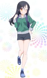 Rule 34 | 1girl, ;), alternate hairstyle, black hair, blue footwear, collarbone, floating hair, full body, green sweater, grey shirt, grey shorts, hair between eyes, hair down, hand on own hip, highres, leg up, long hair, looking at viewer, makicha (sasurainopink), narumi tsubame, new game!, one eye closed, parted bangs, shiny skin, shirt, shoes, short shorts, shorts, smile, sneakers, solo, standing, standing on one leg, sweater, white background, yellow eyes