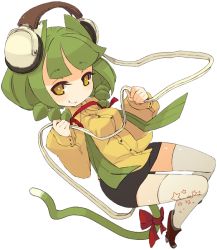 Rule 34 | 1girl, animal ears, boots, cable, cat ears, cat girl, cat tail, cowboy boots, female focus, full body, green hair, headphones, mota, original, ribbon, simple background, solo, tail, tail ornament, tail ribbon, thighhighs, transparent background, white thighhighs, yellow eyes