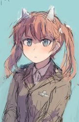 Rule 34 | 1girl, animal ears, bad id, bad twitter id, blue background, blue eyes, cat ears, francie gerard, hair ribbon, horse girl, long hair, military, military uniform, ohashi (hashidate), orange hair, ribbon, simple background, solo, strike witches, twintails, uniform, world witches series