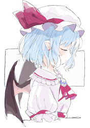 Rule 34 | 1girl, absurdres, ascot, bat wings, black wings, blue hair, brooch, closed eyes, closed mouth, collar, collared dress, dress, earrings, expressionless, eyelashes, frilled collar, frilled hat, frilled sleeves, frills, from side, hat, hat ribbon, highres, jewelry, light blush, mob cap, niseneko (mofumofu ga ienai), pointy ears, profile, puffy short sleeves, puffy sleeves, rectangle, red ascot, red ribbon, remilia scarlet, ribbon, short hair, short sleeves, sidelocks, solo, touhou, twitter username, white background, white dress, white hat, wings
