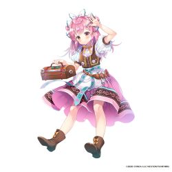 Rule 34 | 1girl, apron, arm up, blush, boots, bow, brown footwear, closed mouth, collared shirt, commentary request, copyright notice, copyright request, cross-laced footwear, full body, hair bow, holding, lace-up boots, long hair, nanohana kohina, neck ribbon, official art, pink hair, pink skirt, puffy short sleeves, puffy sleeves, ribbon, shirt, short sleeves, simple background, skirt, smile, solo, striped clothes, striped skirt, toolbox, vertical-striped clothes, vertical-striped skirt, waist apron, watermark, white apron, white background, white bow, white shirt, yellow bow, yellow ribbon