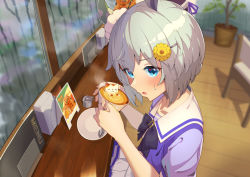 Rule 34 | 1girl, blue eyes, blurry, blurry background, blush, coffee, creamer (vessel), cup, grey hair, hair ornament, hairclip, holding, holding cup, horse tail, indoors, latte art, looking at viewer, menu, napkin, napkin holder, open mouth, panda inu, plant, plate, potted plant, purple shirt, school uniform, seiun sky (umamusume), shirt, short hair, sideways mouth, sitting, skirt, solo, spoon, steam, sweatdrop, tail, tracen school uniform, umamusume, white skirt, window