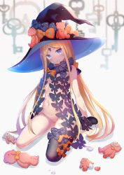 Rule 34 | 1girl, abigail williams (fate), abigail williams (second ascension) (fate), asanogawa (tutufcc), asymmetrical legwear, bare arms, bare shoulders, black bow, black footwear, black hat, black thighhighs, blonde hair, blue eyes, blurry, blurry background, blush, bow, damaged, fate/grand order, fate (series), hat, hat bow, head tilt, highres, key, keyhole, long hair, looking at viewer, navel, orange bow, parted lips, polka dot, polka dot bow, pussy, revealing clothes, seiza, shoes, single thighhigh, sitting, solo, stuffed animal, stuffed toy, teddy bear, thighhighs, uneven legwear, v-shaped eyebrows, very long hair, witch hat
