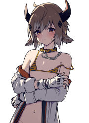 Rule 34 | 1boy, animal ears, animal print, arknights, bikini, bison (arknights), blush, brown hair, chain, closed mouth, collar, commentary request, cow boy, cow ears, cow horns, crossdressing, fingerless gloves, gloves, grey hair, horns, jacket, looking at viewer, male focus, micro bikini, multicolored hair, off shoulder, open clothes, open jacket, simple background, solo, sweat, swimsuit, tiger print, white background, white gloves, yoruhachi