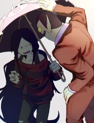 Rule 34 | 1boy, 1girl, adventure time, black hair, colored skin, fangs, father and daughter, formal, grey skin, highres, hunson abadeer, long hair, marceline abadeer, nervous smile, open mouth, pointy ears, raya (uk 0128), shirt, smile, striped clothes, striped shirt, suit, sweater, torn clothes, torn legwear, umbrella, white background
