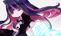 Rule 34 | 1girl, black nails, blue eyes, bow, character name, colored inner hair, eyeliner, glowing, glowing sword, glowing weapon, gothic lolita, hair bow, holding, holding sword, holding weapon, honekoneko (psg), katana, lolita fashion, long hair, lost-6s10, makeup, multicolored hair, nail polish, panty &amp; stocking with garterbelt, pink hair, puffy sleeves, purple hair, ribbon, solo, stocking (psg), striped, stuffed animal, stuffed cat, stuffed toy, sword, two-tone hair, weapon
