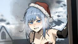 Rule 34 | 1girl, bare shoulders, black gloves, blue eyes, blue hair, blush, breasts, breath, cleavage, cloud, cloudy sky, elbow gloves, fur trim, gloves, gogalking, hand up, hat, house, looking at viewer, original, portrait, red hat, runny nose, santa hat, shadow, sky, snot, solo