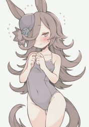 Rule 34 | 1girl, absurdres, animal ears, armpits, blue one-piece swimsuit, breasts, brown eyes, brown hair, commentary request, competition school swimsuit, covered navel, cowboy shot, enoki art, flower, flying sweatdrops, grey background, greyscale, hair over one eye, hat, hat flower, highres, horse ears, horse girl, horse tail, index fingers together, long hair, monochrome, muted color, one-piece swimsuit, rice shower (umamusume), school swimsuit, simple background, small breasts, solo, swimsuit, tail, thigh gap, tilted headwear, umamusume