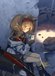 Rule 34 | 1girl, angelina (arknights), animal ears, arknights, black collar, black footwear, black gloves, black socks, collar, doctor (arknights), feet out of frame, fox ears, gloves, hairband, highres, holding, holding phone, husui parashi, infection monitor (arknights), jacket, long hair, material growth, night, off shoulder, oripathy lesion (arknights), outdoors, phone, red eyes, red hairband, red shirt, shirt, socks, solo, staff, twintails, twitter username, watching, white jacket