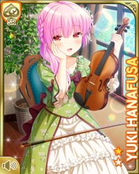 Rule 34 | 1girl, bow, braid, braided ponytail, brown bow, card (medium), chair, curtains, day, dress, frilled dress, frills, girlfriend (kari), green dress, hanafusa yuki, indoors, instrument, official art, open mouth, pink hair, ponytail, qp:flapper, red eyes, scrunchie, sitting, smile, solo, tagme, violin, window
