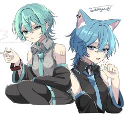 Rule 34 | 1girl, animal ears, bare shoulders, blue eyes, blue hair, breasts, cat ears, cat girl, cigarette, detached sleeves, hair between eyes, hatsune miku, heart, highres, holding, holding cigarette, miniskirt, multiple views, naguno-0713, necktie, open mouth, short hair, shoulder tattoo, simple background, skirt, small breasts, smoke, tattoo, thighhighs, tongue, vocaloid, white background, wolf cut