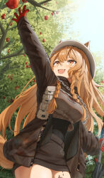 Rule 34 | 1girl, :d, animal ears, arknights, blush, braid, brown dress, brown eyes, brown hair, brown hat, brown jacket, ceobe (arknights), ceobe (unfettered) (arknights), chain, commentary request, cowboy shot, dog ears, dog tail, dress, ears through headwear, fang, food, fruit, gloves, hair between eyes, hat, jacket, looking up, material growth, official alternate costume, open clothes, open jacket, open mouth, oripathy lesion (arknights), pocket, reaching, red gloves, shironekoban, smile, solo, tail, tree, twin braids