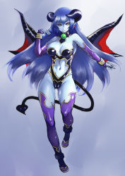 Rule 34 | 1girl, astaroth (shinrabanshou), bat wings, black sclera, blue hair, blue skin, boots, bracelet, breasts, cameltoe, center opening, cleavage, colored sclera, colored skin, curvy, demon girl, demon tail, detached sleeves, earrings, female focus, highres, horns, jewelry, johan (johan13), large breasts, leotard, long hair, monster girl, navel, pointy ears, shinrabanshou, slit pupils, smile, solo, demon girl, tail, thighhighs, very long hair, wings, yellow eyes