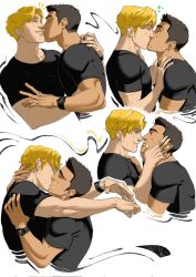 Rule 34 | 2boys, ao isami, black hair, blonde hair, closed eyes, couple, cropped torso, eye contact, facial hair, hand on another&#039;s arm, hand on another&#039;s chest, hand on another&#039;s neck, heart, highres, kiss, lewis smith, looking at another, male focus, multiple boys, multiple views, muscular, muscular male, pretentiousfork, short hair, sideburns stubble, stubble, watch, white background, wristwatch, yaoi, yuuki bakuhatsu bang bravern