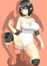 Rule 34 | 1girl, absurdres, black hair, blush, breasts, cameltoe, cleavage, commentary request, commission, cross-laced footwear, different shadow, full body, groin, highres, knee pads, large breasts, looking at viewer, one-piece swimsuit, pointy ears, red background, red eyes, red footwear, school swimsuit, shadow, shameimaru aya, shirokumall, short hair, simple background, skeb commission, solo, swimsuit, touhou, variant set, white one-piece swimsuit